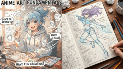Anime art fundamentals illustration with character sketching, encouraging creativity and artistic expression.