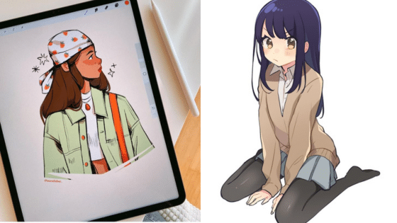 Viewing Deck Blog Digital artwork on tablet, left, shows a stylish person with a bandana. Right, anime character kneeling on the ground. | Sky Rye Design Digital artwork on tablet, left, shows a stylish person with a bandana. Right, anime character kneeling on the ground.