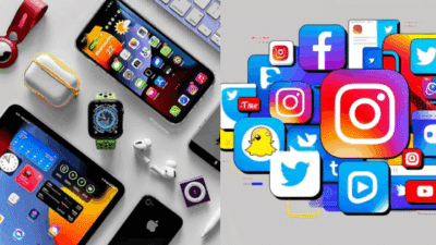 Smart devices with app icons on left; vibrant social media logos including Instagram, Facebook, Twitter on right. Digital connectivity theme.