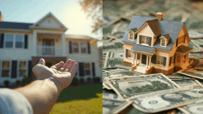 Hand reaching to house; miniature home on dollar bills symbolizing real estate investment and property value growth.
