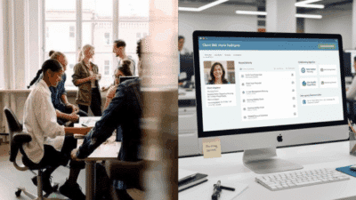 Team collaboration in a modern office with a computer displaying analytics data, fostering productivity and digital communication.