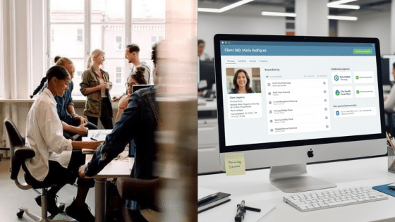 Viewing Deck Blog 2 Team collaboration in a modern office with a computer displaying analytics data, fostering productivity and digital communication. | Sky Rye Design Team collaboration in a modern office with a computer displaying analytics data, fostering productivity and digital communication.