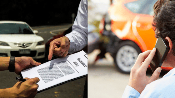 Two scenes: discussing car insurance papers outdoors; a man on the phone near a rear-end car accident.
