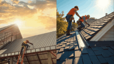 Roofers installing metal and shingle roofs on houses during sunset and sunny day, ensuring quality construction.