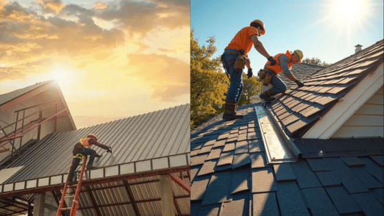 Viewing Deck Blog 2 Roofers installing metal and shingle roofs on houses during sunset and sunny day, ensuring quality construction. | Sky Rye Design Roofers installing metal and shingle roofs on houses during sunset and sunny day, ensuring quality construction.