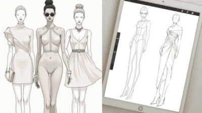 Fashion illustration showing models in elegant dresses alongside a digital sketch on a tablet, highlighting design process and style.