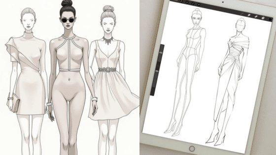 Viewing Deck Blog 2 Fashion illustration showing models in elegant dresses alongside a digital sketch on a tablet, highlighting design process and style. | Sky Rye Design Fashion illustration showing models in elegant dresses alongside a digital sketch on a tablet, highlighting design process and style.