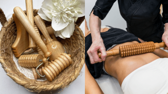 Viewing Deck Blog 2 Wooden massage tools in a wicker basket next to a person receiving a therapeutic wooden roller massage on the abdomen. | Sky Rye Design Wooden massage tools in a wicker basket next to a person receiving a therapeutic wooden roller massage on the abdomen.