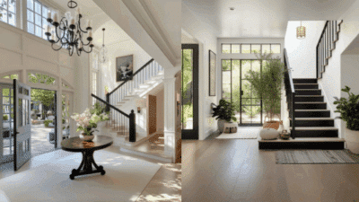 Spacious modern foyer with large windows, elegant chandelier, and stylish staircase, featuring lush plants and sleek decor.