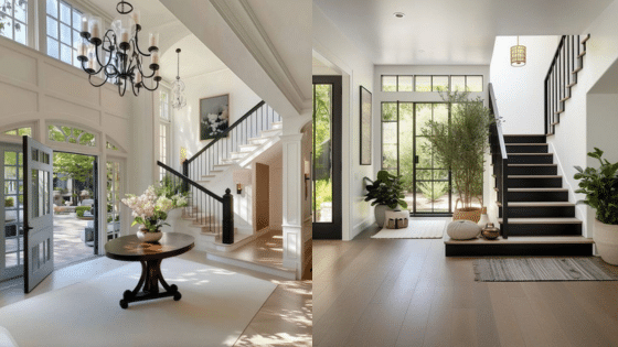 Viewing Deck Blog 2 Spacious modern foyer with large windows, elegant chandelier, and stylish staircase, featuring lush plants and sleek decor. | Sky Rye Design Spacious modern foyer with large windows, elegant chandelier, and stylish staircase, featuring lush plants and sleek decor.