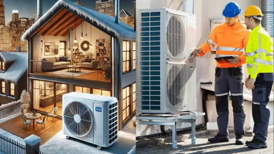 Modern home with HVAC system outside; two technicians in safety gear inspecting industrial air conditioning units.