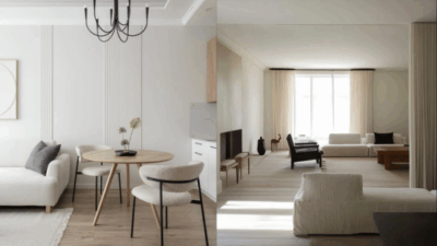 Modern minimalist apartment interiors with neutral tones, featuring a living room and dining area with elegant furnishings and natural light.