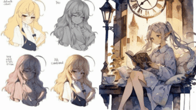 Anime character design sketches and a fantasy scene of a girl reading under a clock tower. Perfect for manga and fantasy art inspiration.