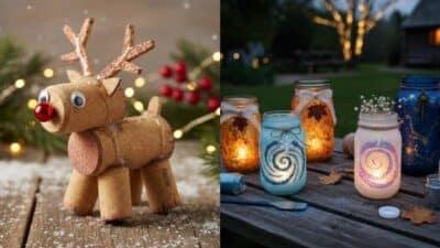 Homemade reindeer cork craft alongside decorative light-up jars on a rustic table with festive background.