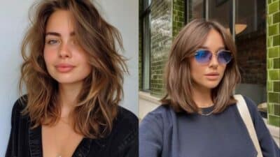Two women with stylish medium-length hairstyles, one with tousled waves and the other with sleek straight hair and sunglasses.