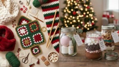 Crochet crafts with yarn balls and homemade gift jars sit beside a Christmas tree in a festive holiday setting.