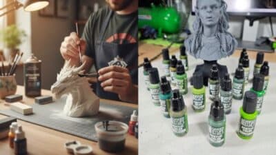 Artist painting a dragon model; surrounded by paint bottles and a bust in a creative workspace.