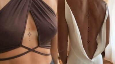 Elegant line tattoos on woman's chest and back, wearing a stylish top and a chic open-back dress.