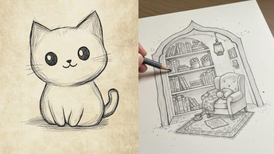 Viewing Deck Blog - 2025-11-10T215034363 Cute cartoon cat drawing next to a hand illustrating a cozy reading nook with bookshelves and an armchair. | Sky Rye Design Cute cartoon cat drawing next to a hand illustrating a cozy reading nook with bookshelves and an armchair.