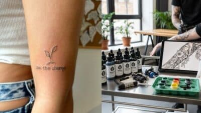 Arm tattoo with plant and 'be the change' text, alongside tattoo ink setup in a modern studio.