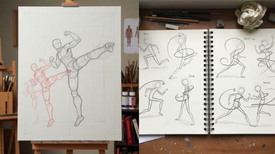 Viewing Deck Blog - 2025-11-12T211226763 Sketch of dynamic human figures in action poses on canvas and notebook, illustrating motion for artistic anatomy or figure drawing practice. | Sky Rye Design Sketch of dynamic human figures in action poses on canvas and notebook, illustrating motion for artistic anatomy or figure drawing practice.