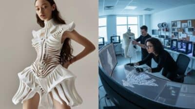 Model wearing an intricate 3D-printed dress; designers work on digital fashion concepts in studio.