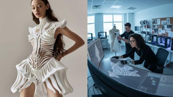 Viewing Deck Blog - 2025-11-12T215422986 Model wearing an intricate 3D-printed dress; designers work on digital fashion concepts in studio. | Sky Rye Design Model wearing an intricate 3D-printed dress; designers work on digital fashion concepts in studio.