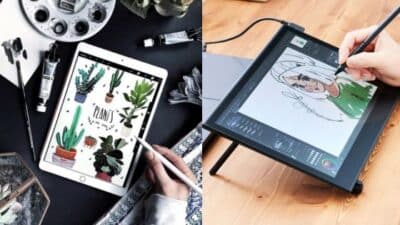 Digital art creation: One tablet showing plant illustrations and another tablet used to draw a portrait, showcasing artistic techniques.