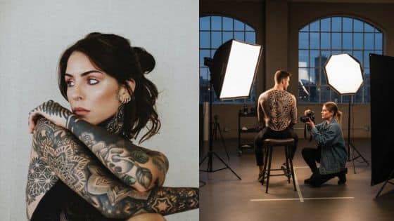 Viewing Deck Blog - 2025-11-13T223327488 Tattooed woman posing in studio; photographer capturing man with intricate back tattoo under professional lighting setup. | Sky Rye Design Tattooed woman posing in studio; photographer capturing man with intricate back tattoo under professional lighting setup.
