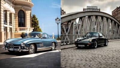 Classic cars in urban settings: a vintage Mercedes parked by a building and a retro Porsche on a cobblestone bridge.