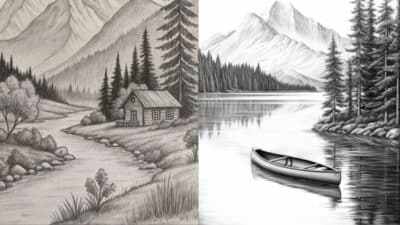 Sketch of a tranquil cabin in the woods beside a river and a serene lake with a canoe, surrounded by mountains and pine trees.