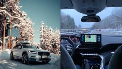 Winter road trip with a snow-covered car and scenic dashboard view of a highway, showcasing navigation and snowy landscape.