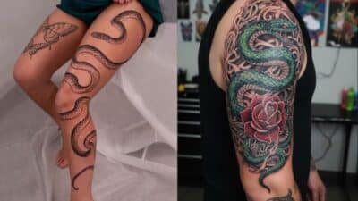 Snake tattoo designs: a black snake tattoo on a leg and a vibrant green snake with a red rose tattoo on an arm in a tattoo studio.