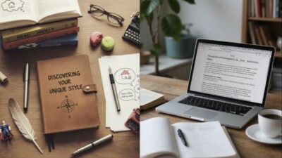 Workspace with notebook titled Discovering Your Unique Style and open laptop for creative writing, featuring pens, coffee, and books.