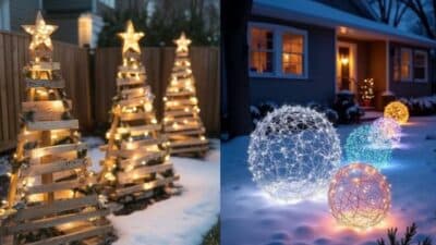 Festive outdoor Christmas decorations featuring lit wooden trees and glowing orbs in a snowy yard at night.
