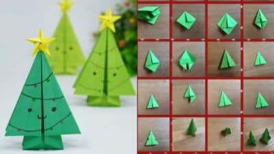 Origami Christmas tree with star, shown with step-by-step folding instructions. Perfect for festive DIY and holiday crafts.