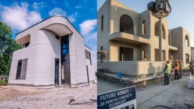 3D-printed concrete houses under construction and final result under a blue sky, showcasing innovative building technology.