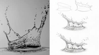 Illustration of a water splash crown next to sketch tutorials, showcasing the artistic process from outline to detailed drawing.