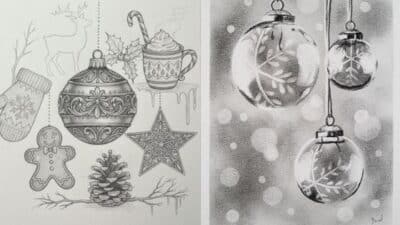 Black and white Christmas art featuring ornaments, snowflakes, reindeer, and festive holiday symbols, creating a cozy winter ambiance.