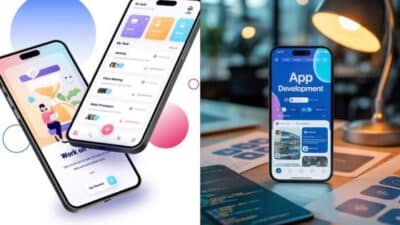 Smartphone screens showcasing task management and app development interfaces, highlighting productivity and innovative mobile design.