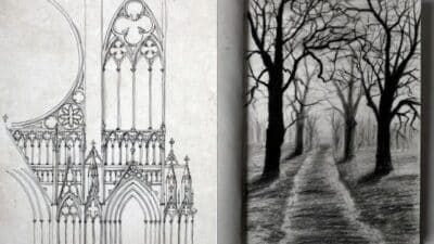 Gothic architecture sketch beside a pencil drawing of a leafless tree-lined path, showcasing intricate design and stark natural beauty.