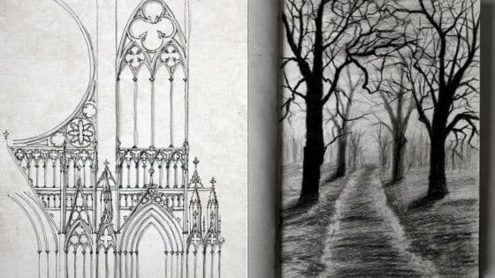 Viewing Deck Blog - 2025-11-28T151108088 Gothic architecture sketch beside a pencil drawing of a leafless tree-lined path, showcasing intricate design and stark natural beauty. | Sky Rye Design Gothic architecture sketch beside a pencil drawing of a leafless tree-lined path, showcasing intricate design and stark natural beauty.