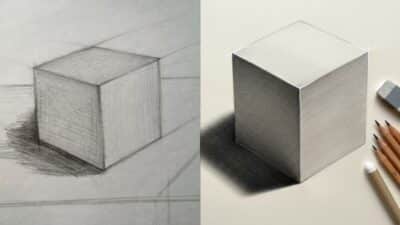 Pencil sketch and realistic drawing of a cube showcasing shading techniques with pencils and eraser on paper.