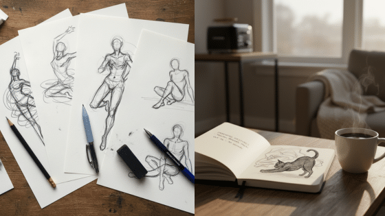 Viewing Deck Blog Sketches of human figures and a cat illustration on a table with pencils, erasers, and coffee in a cozy room setting. | Sky Rye Design Sketches of human figures and a cat illustration on a table with pencils, erasers, and coffee in a cozy room setting.