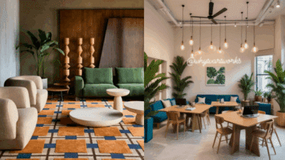 Modern living and dining rooms with stylish furniture, geometric rugs, and lush indoor plants. Cozy and elegant interior design inspiration.