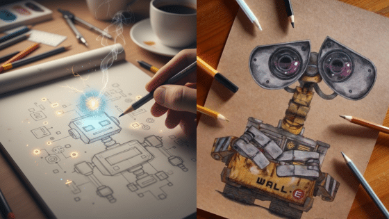 Hand drawing a whimsical robot with glowing effects; colored version showing intricate details, surrounded by pencils and coffee.