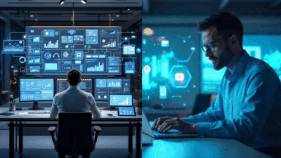 Tech professional analyzing data on multiple screens in a modern office; working on a laptop with futuristic digital interfaces.