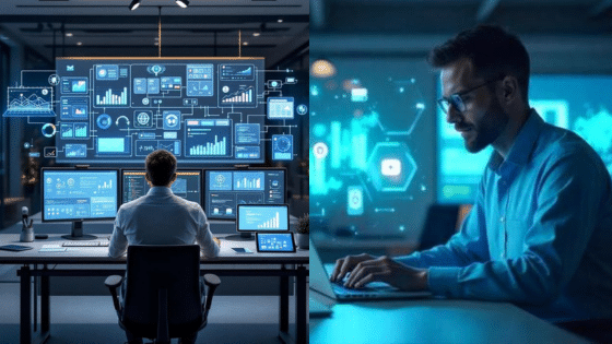 Viewing Deck Blog Tech professional analyzing data on multiple screens in a modern office; working on a laptop with futuristic digital interfaces. | Sky Rye Design Tech professional analyzing data on multiple screens in a modern office; working on a laptop with futuristic digital interfaces.