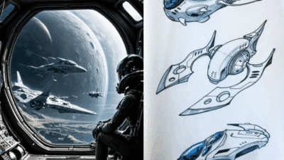 Astronaut observing spacecraft outside a space station window, alongside futuristic spaceship sketches showcasing sleek designs.