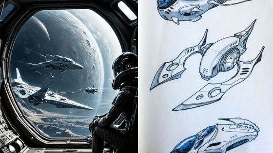 Viewing Deck Blog Astronaut observing spacecraft outside a space station window, alongside futuristic spaceship sketches showcasing sleek designs. | Sky Rye Design Astronaut observing spacecraft outside a space station window, alongside futuristic spaceship sketches showcasing sleek designs.